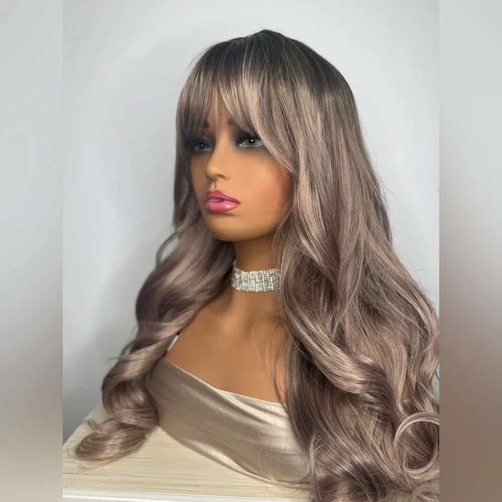 26” Long Wavy Synthetic Wig with Bangs – Ash Brown / Smoky Blonde Blend